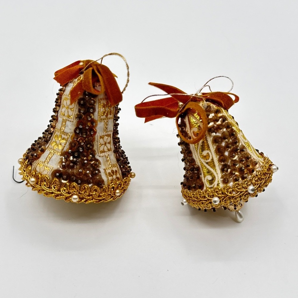 Vintage Victorian Style Beaded Christmas Bell Ornaments Gold Amber Set of 2